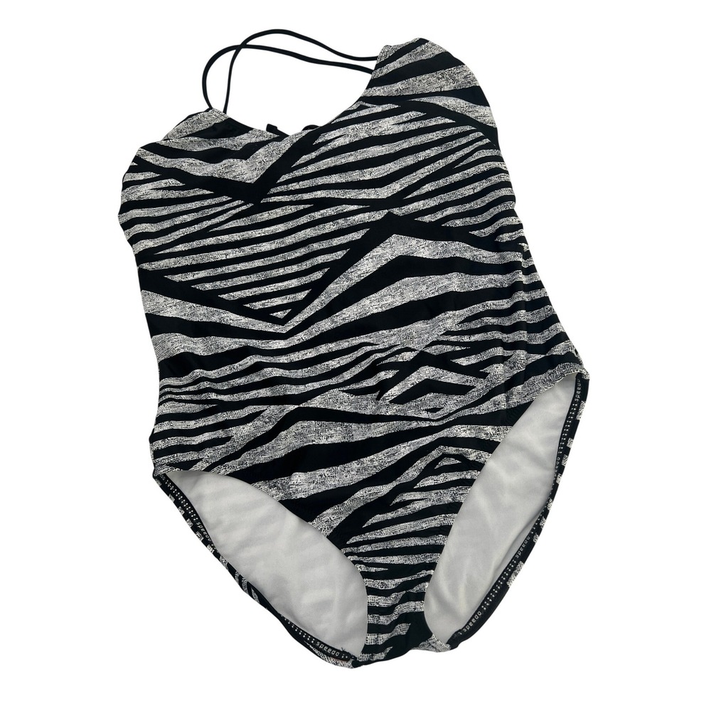 Speedo Womens Zebra Print One Piece Swimsuit Black White Strappy Back Large